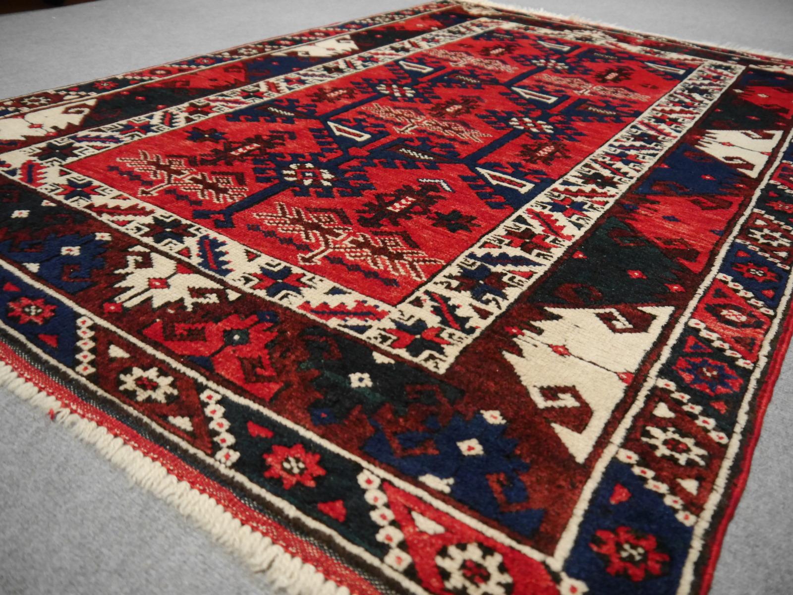 20th Century Turkish Rug Hand Knotted Semi Antique Dosemealti Red and Blue Midcentury Carpet