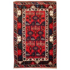 Turkish Rug Hand Knotted Semi Antique Dosemealti Red and Blue Midcentury Carpet