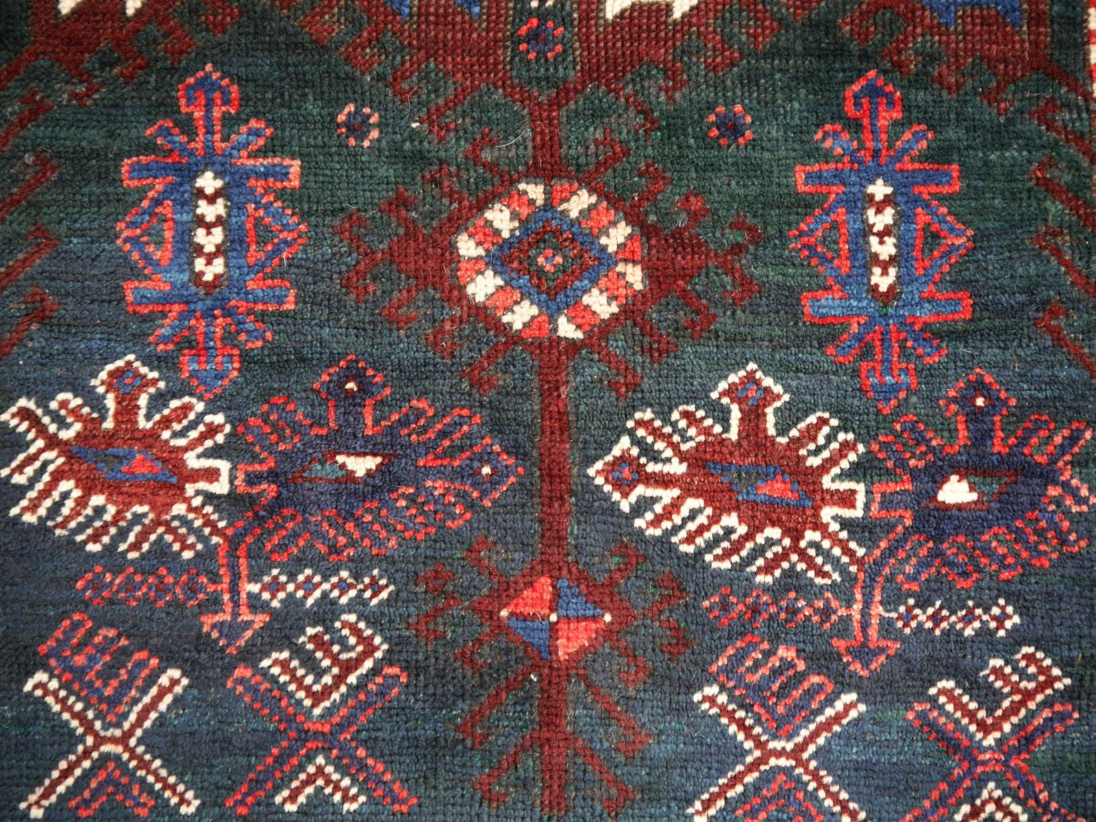 Tribal Turkish Rug Hand-Knotted Semi Antique with Rare Green Field For Sale