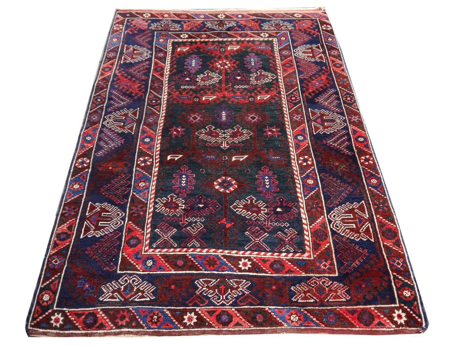 Wool Turkish Rug Hand-Knotted Antique with Rare Green Field For Sale