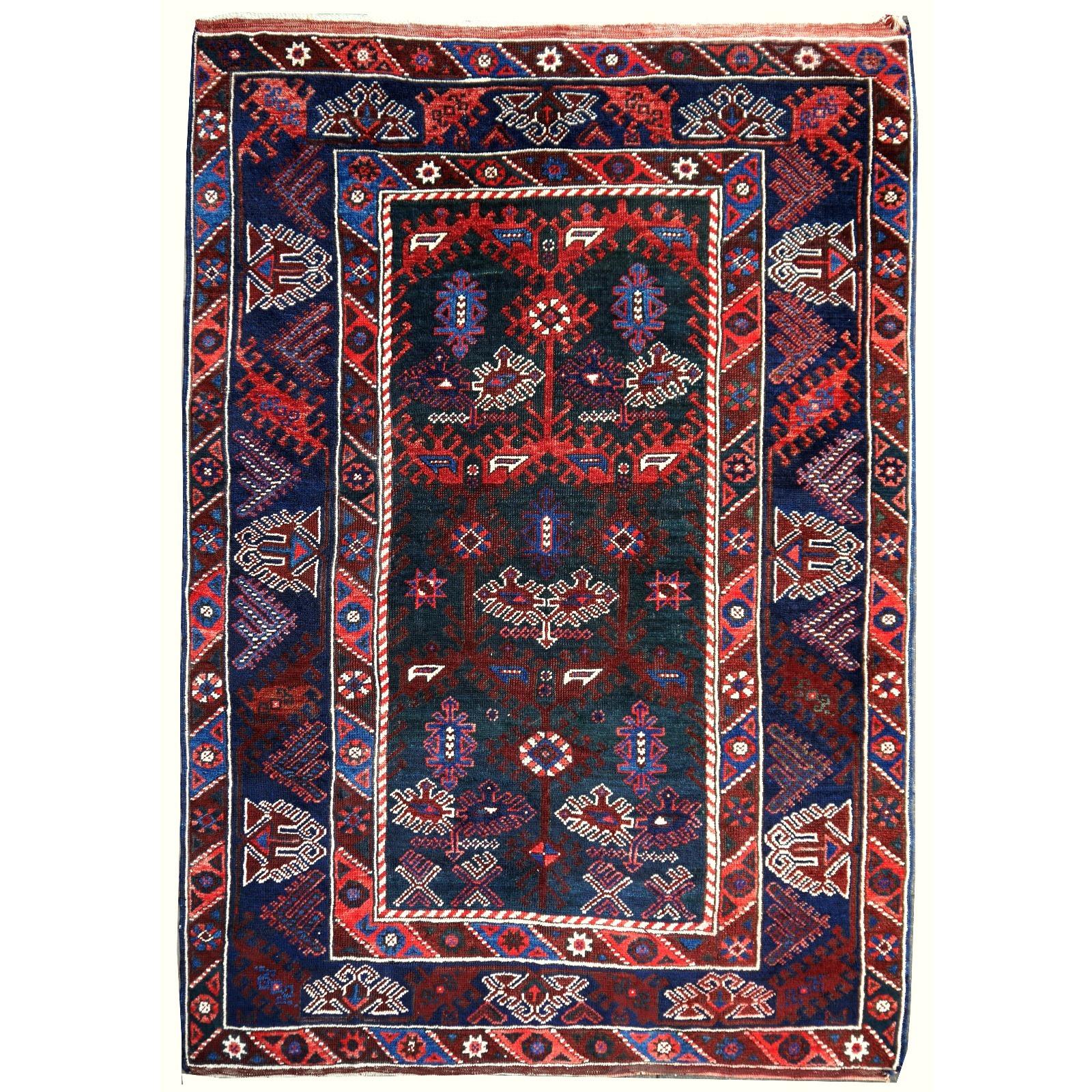 Turkish Rug Hand-Knotted Semi Antique with Rare Green Field For Sale