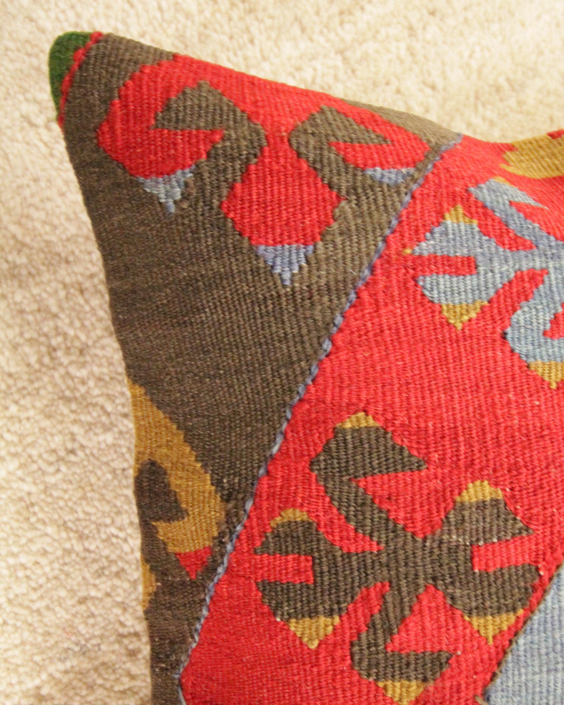 Fabric Turkish Rug Kilim Cushion Cover, Traditional Handmade Pillow Cover