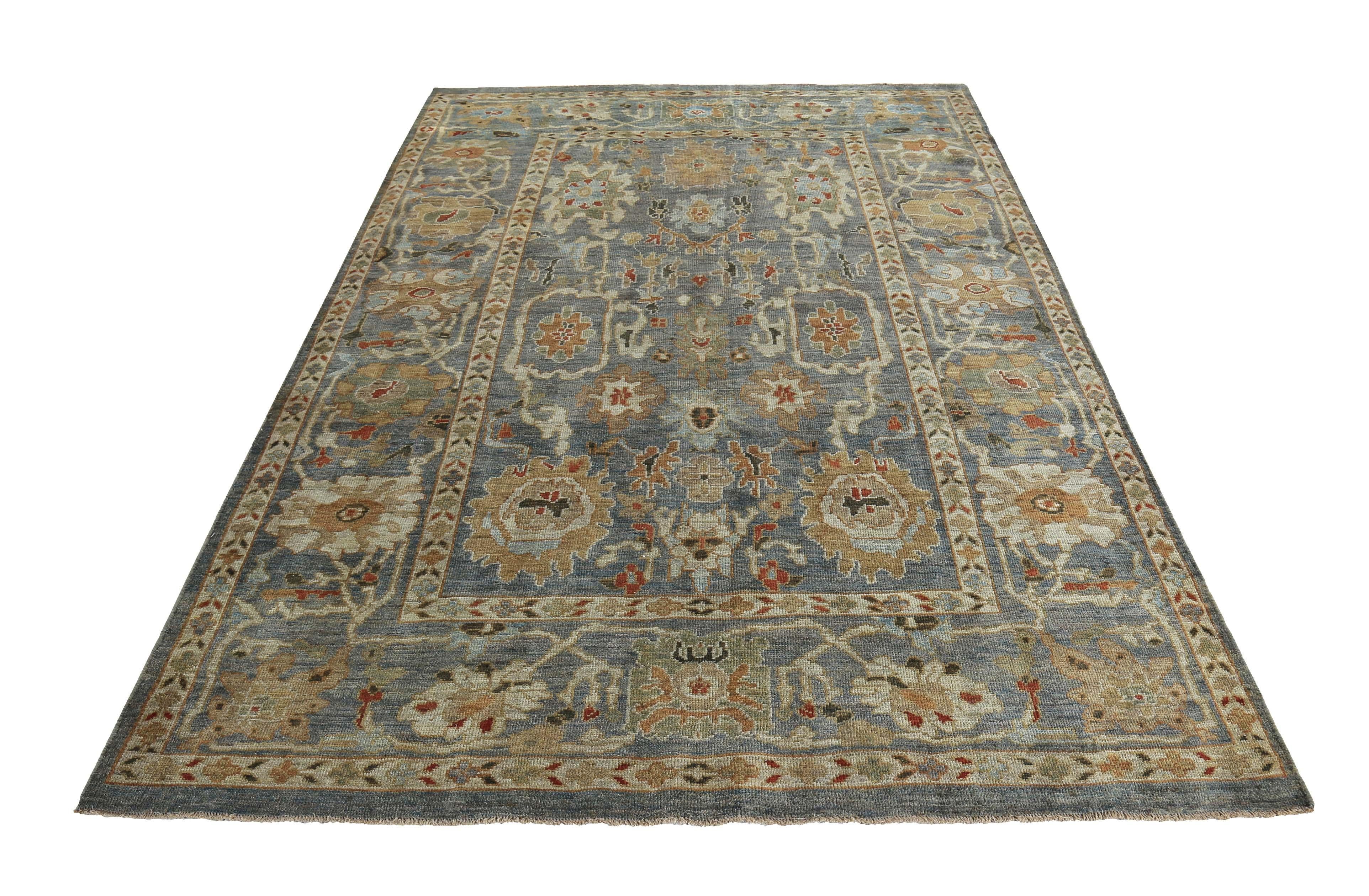 New handmade Turkish rug from high quality sheep’s wool and colored with eco-friendly vegetable dyes that are proven safe for humans and pets alike. It’s a Classic Sultanabad design showcasing a lovely gray field with prominent Herati flower heads