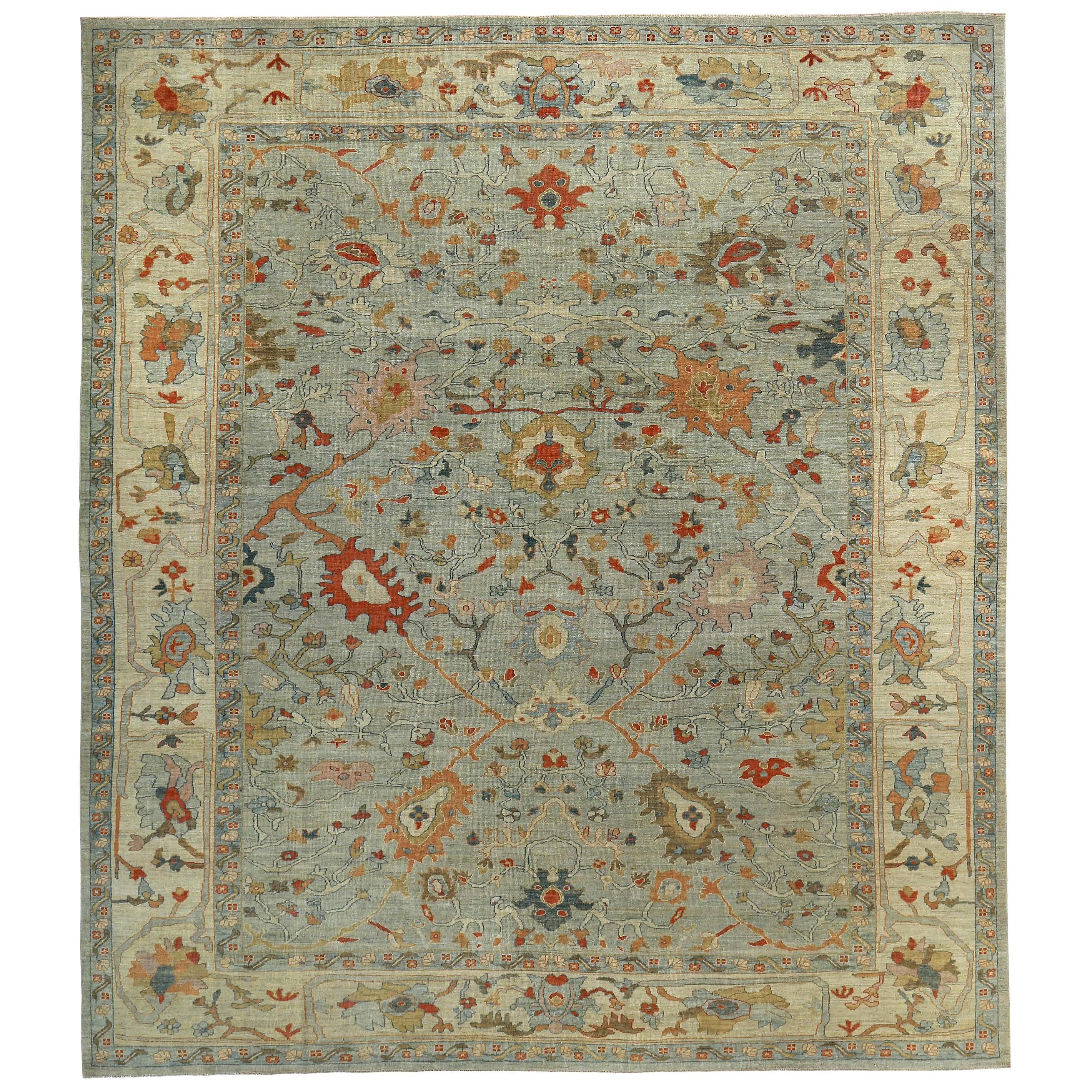 Turkish Rug Sultanabad Style with Rust, Orange and Blue Botanical Details