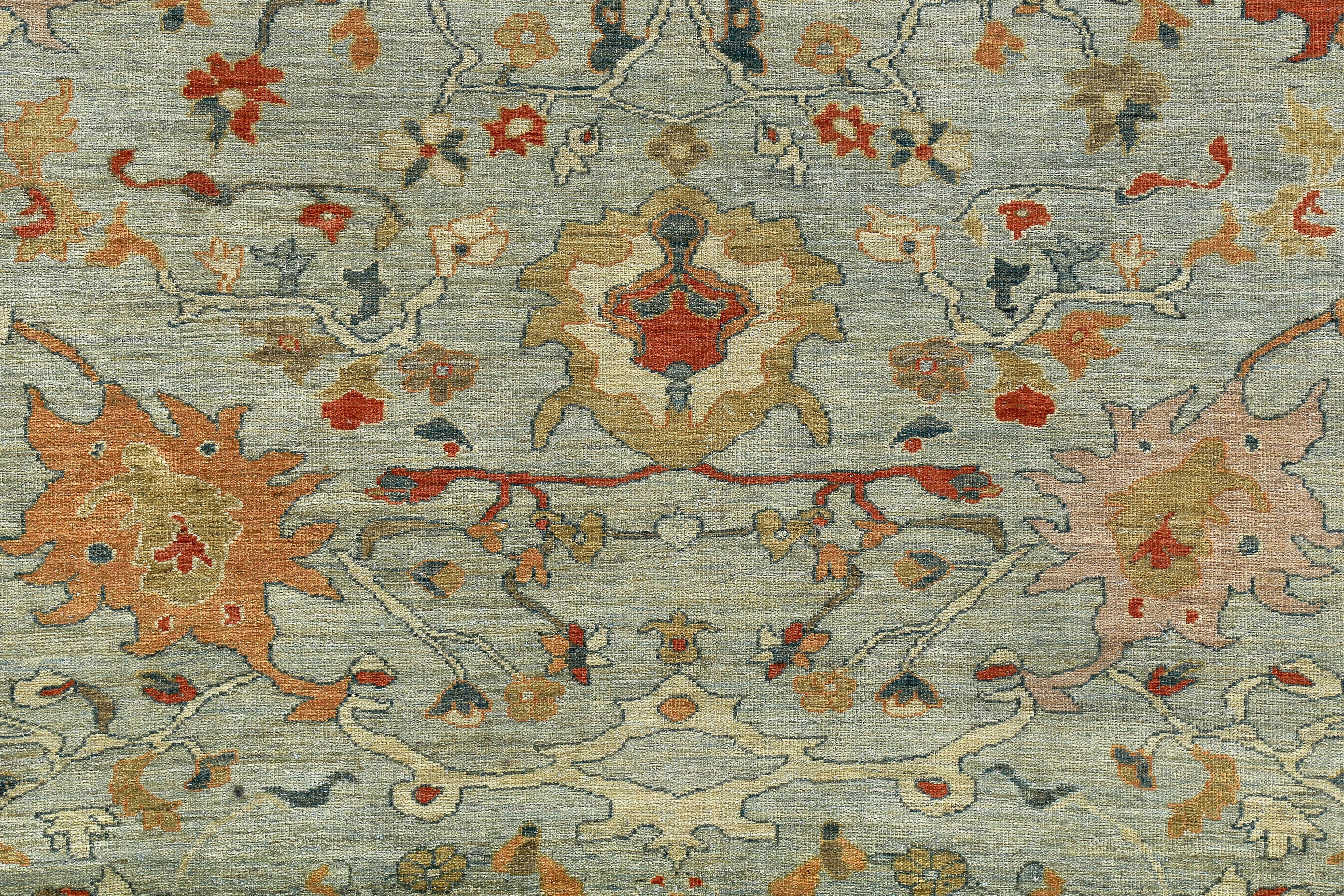 Hand-Woven Turkish Rug Sultanabad Style with Rust, Orange and Blue Botanical Details For Sale