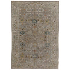 Turkish Rug Sultanabad Style with White and Blue Botanical Details on Gray Field