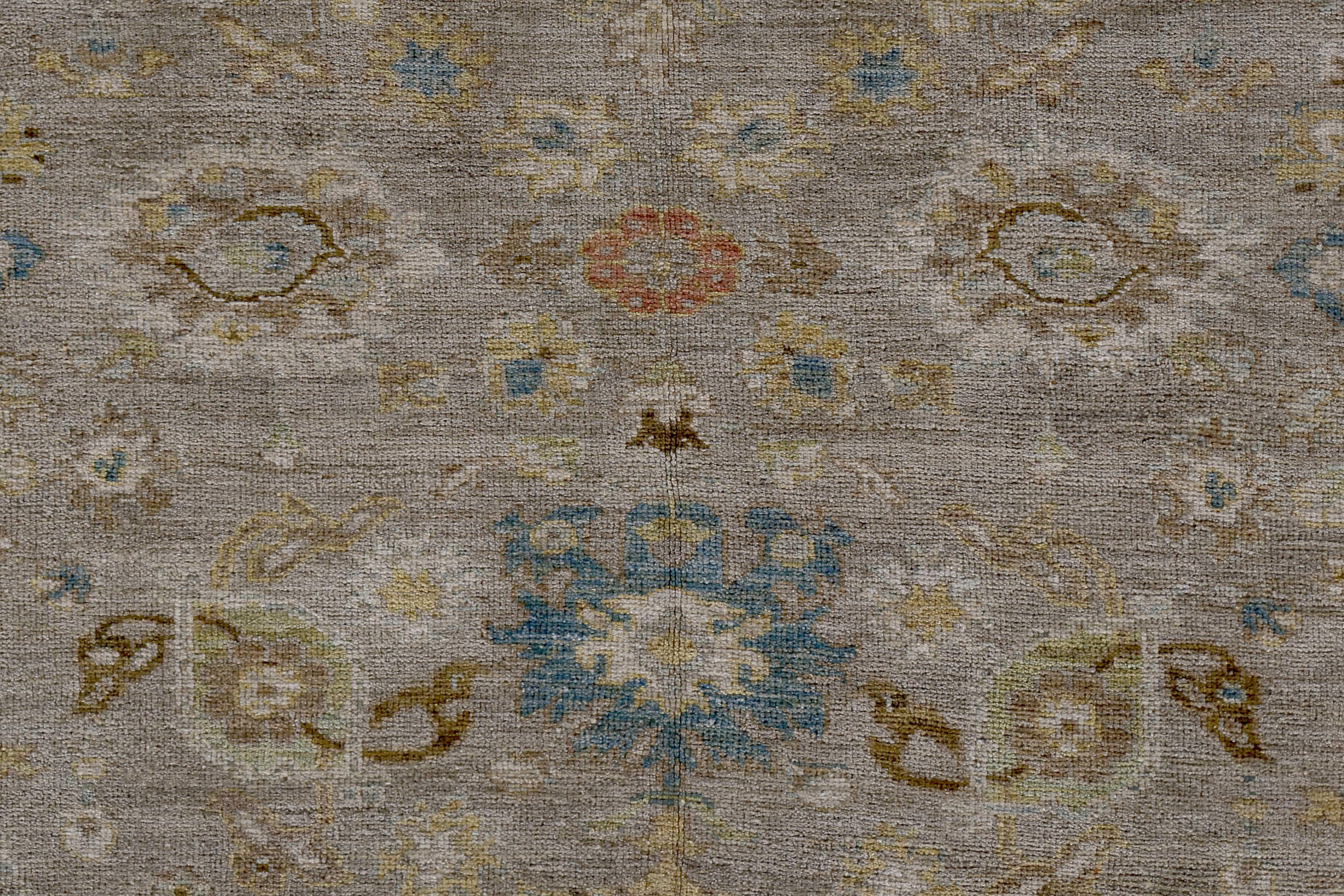 Wool Turkish Rug Sultanabad Style with White and Blue Botanical Details on Gray Field For Sale