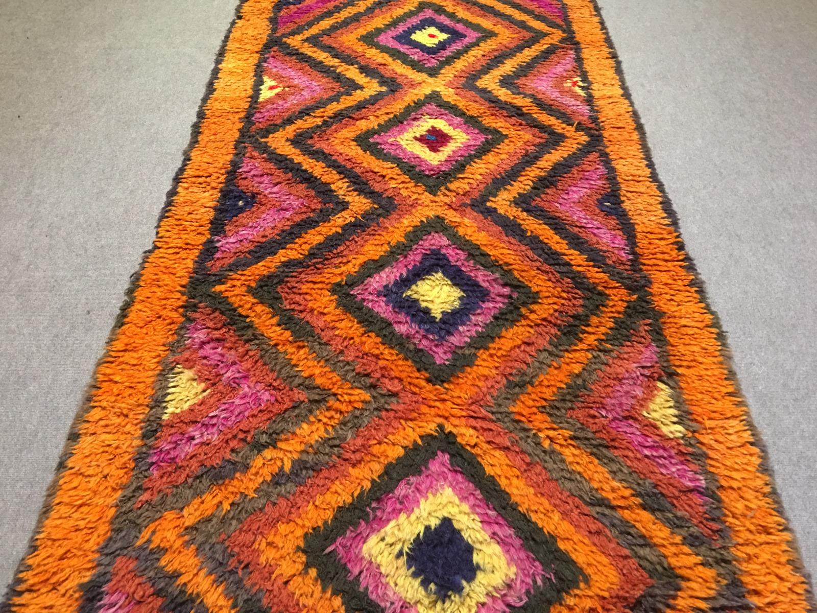 Wool Turkish Rug Tulu Runner in Orange, Lilac and Brown Vintage Carpet For Sale
