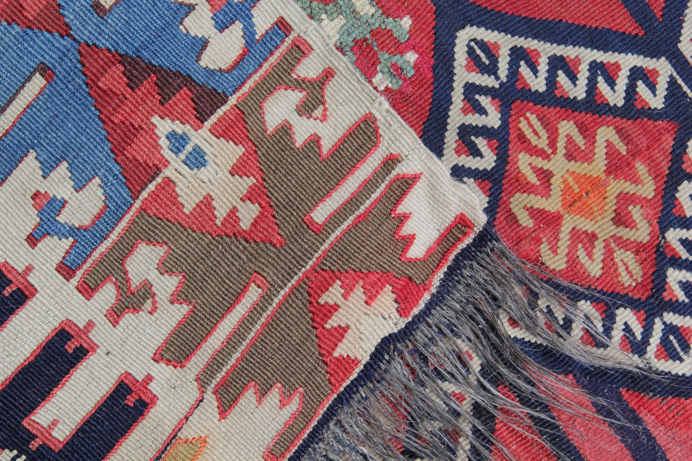 These oriental rugs are from Konya, which is located in the heart of Turkey. The workshop kilim rugs of Konya are mostly known for their distinctive geometric designs. These patterned rugs have an over-geometric design with the same patterns on the