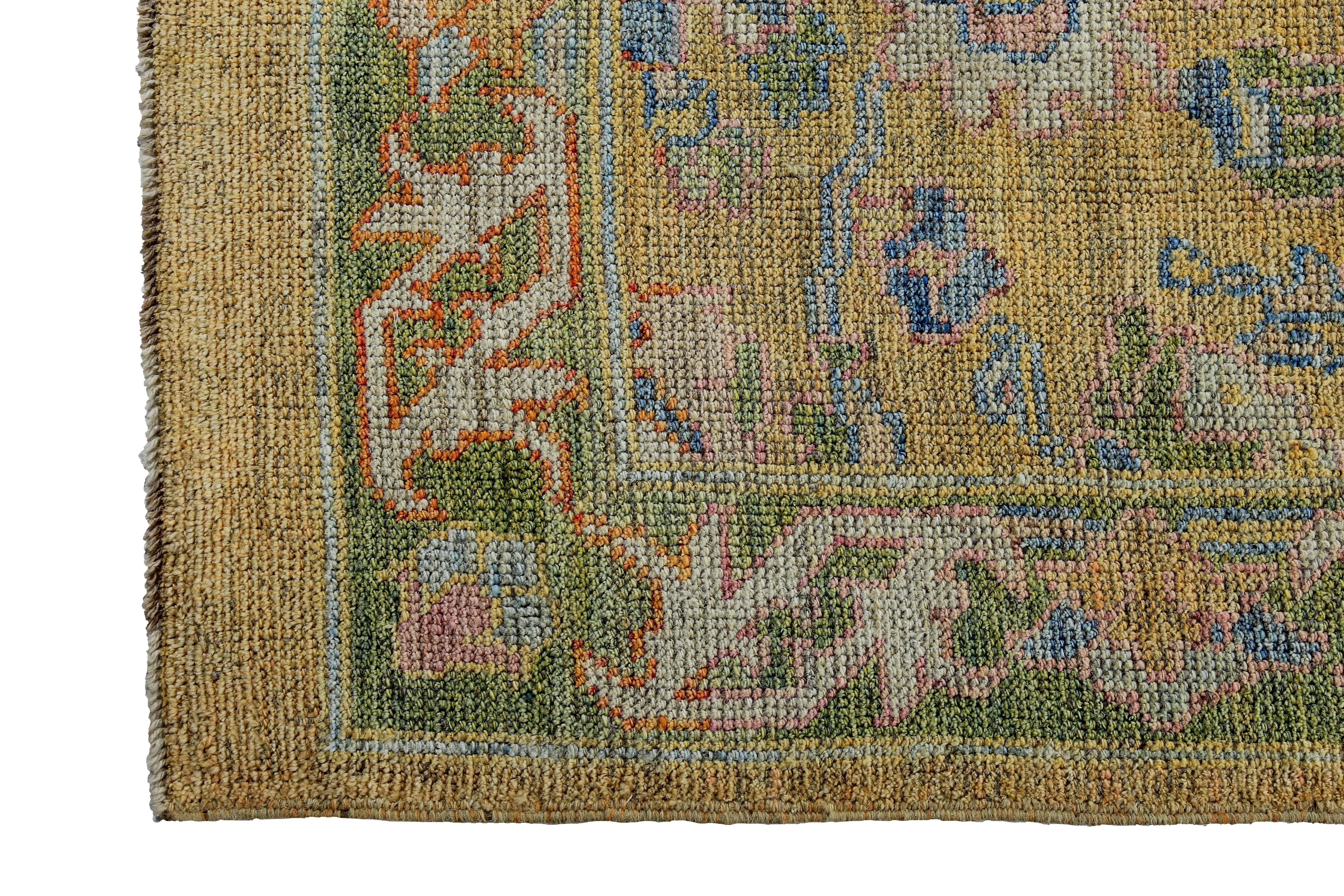 Hand-Woven Turkish Runner Rug Oushak Design with Blue and Pink Floral Details For Sale
