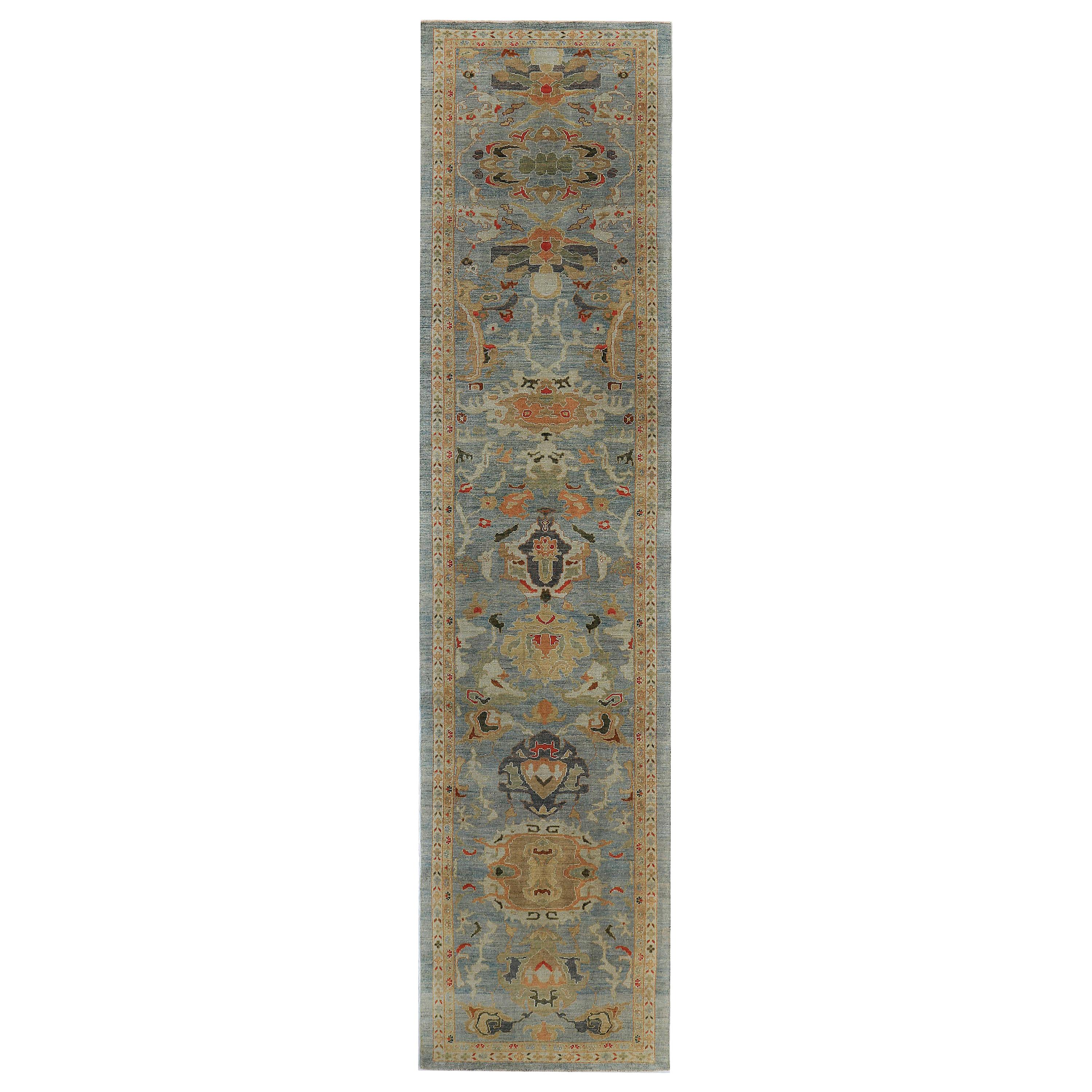 Turkish Runner Rug Sultanabad Style with Navy and Brown Botanical Details