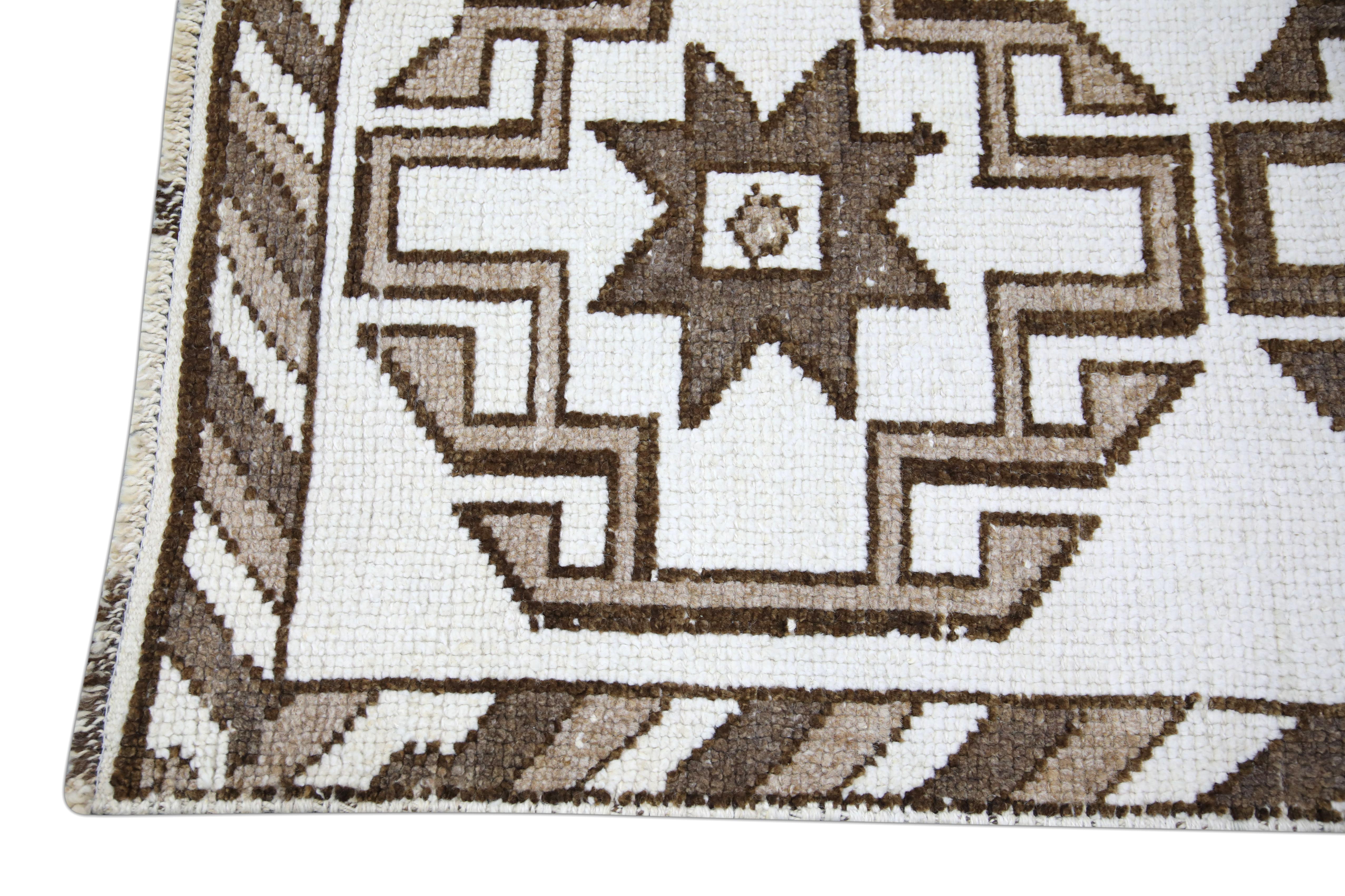Hand-Woven Turkish Runner Rug White & Brown Geometric Vintage 2'11