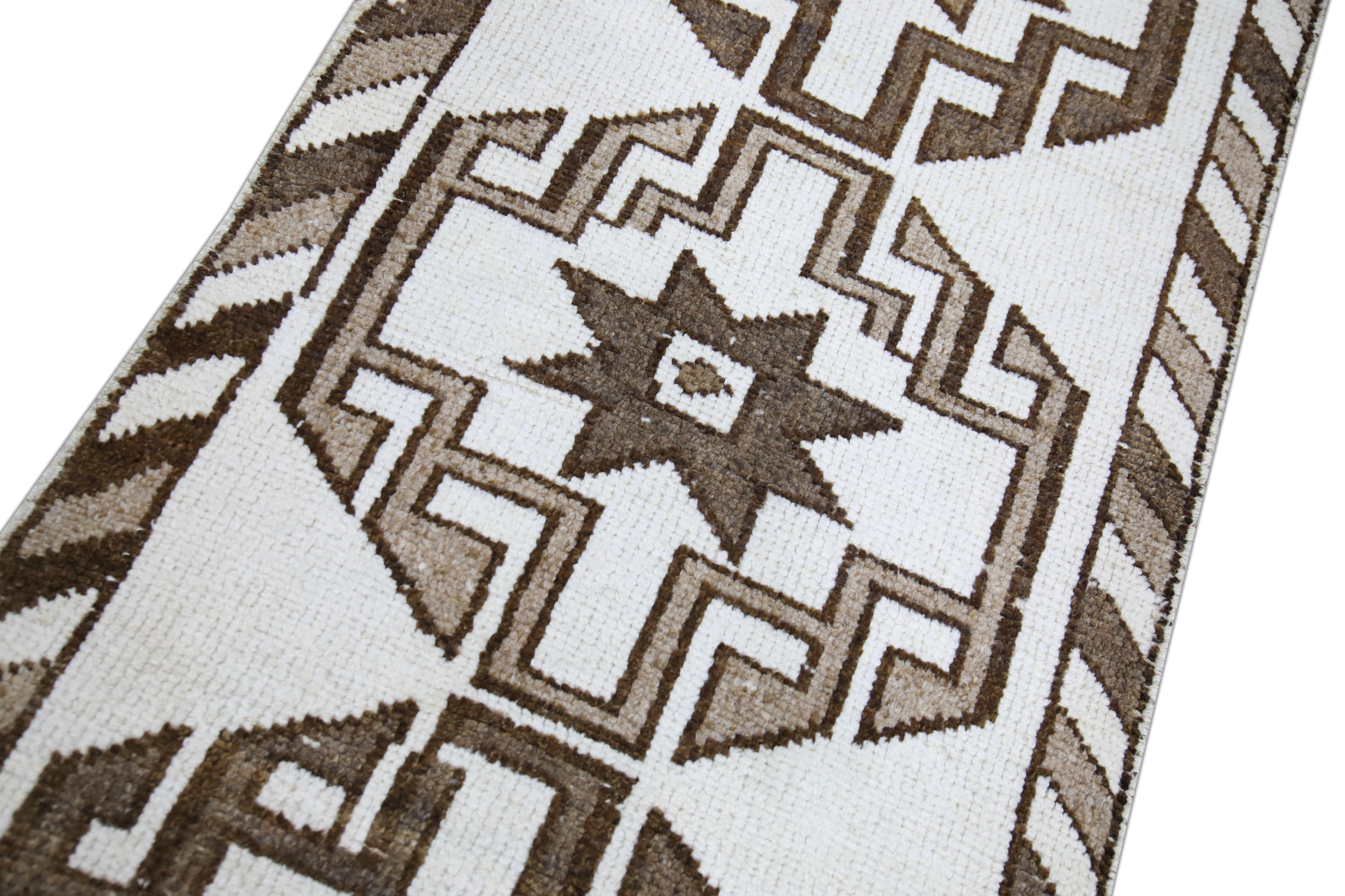 Turkish Runner Rug White & Brown Geometric Vintage 2'11