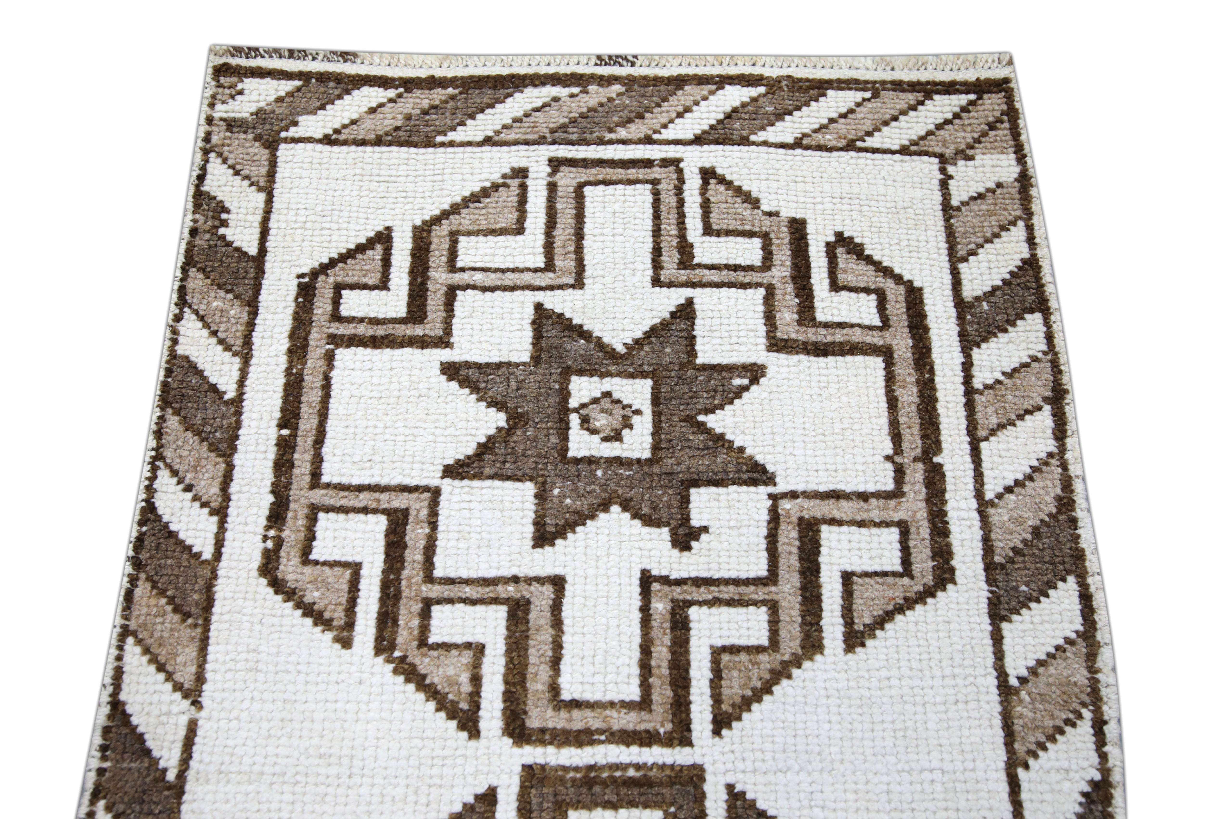 Wool Turkish Runner Rug White & Brown Geometric Vintage 2'11