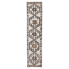 Turkish Runner Rug White & Brown Geometric Vintage 2'11" x 12'4"