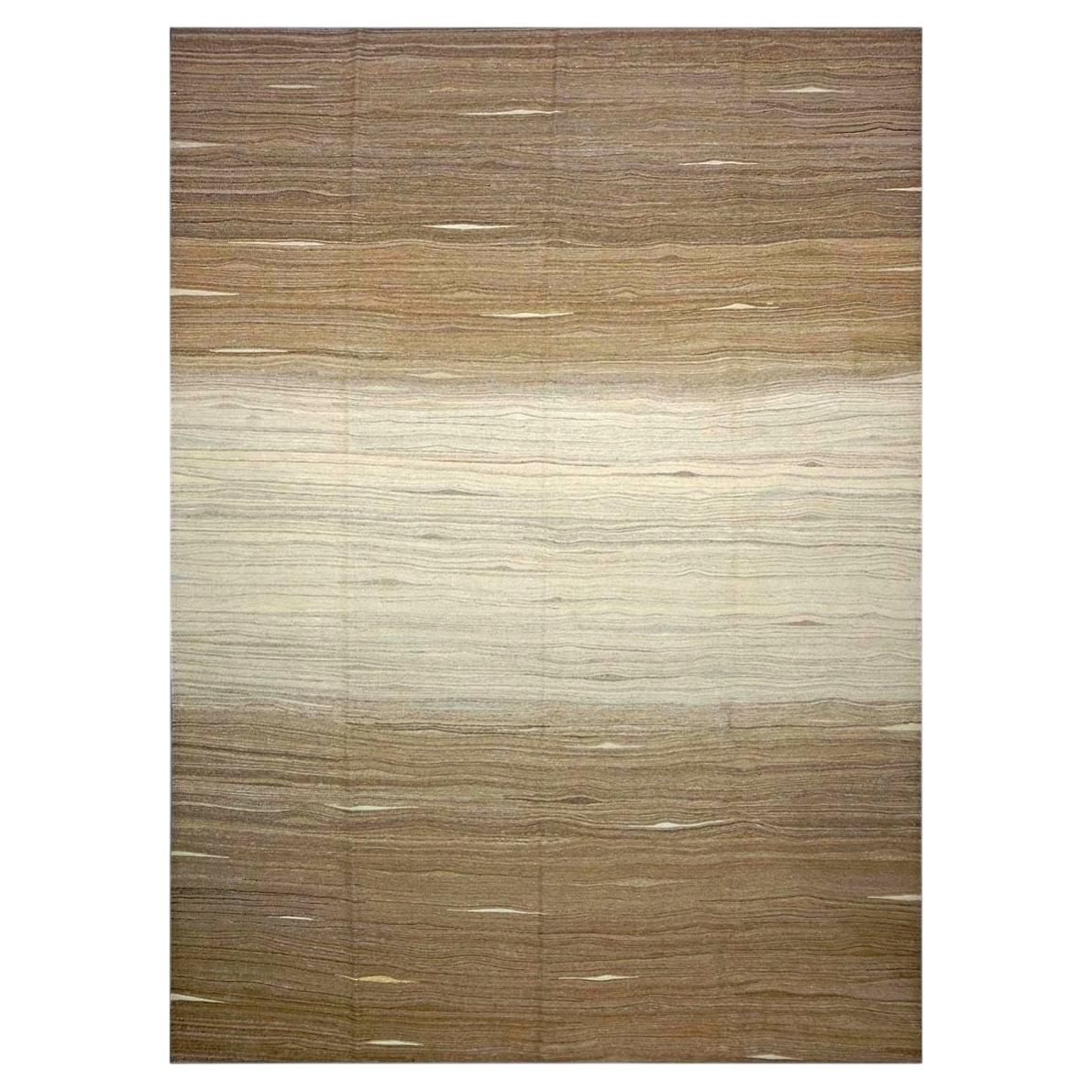 Turkish Safari Kilim Flatweave Wool 10x14 Brown & Ivory Handmade Area Rug