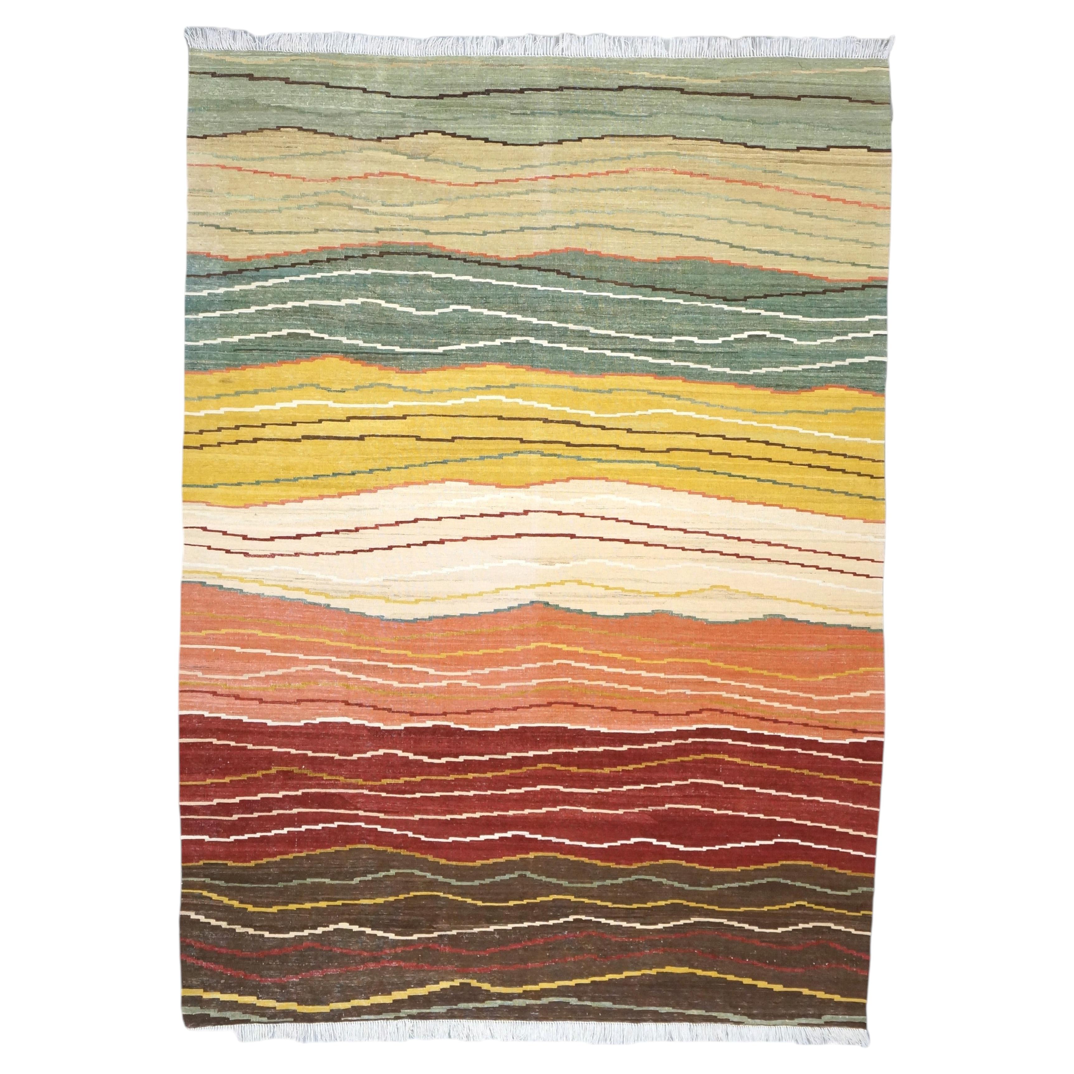 Turkish Safari Kilim Wool 7x9 Multicolor Striped Handmade Area Rug