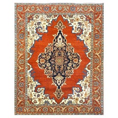 Turkish Serapi Wool 8x10 Rust, Navy & Ivory Handmade Area Rug