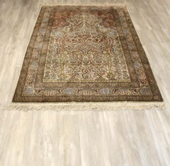 Turkish Silk Hereke Prayer Rug Peach, Purple, and Blue Floor Carpet