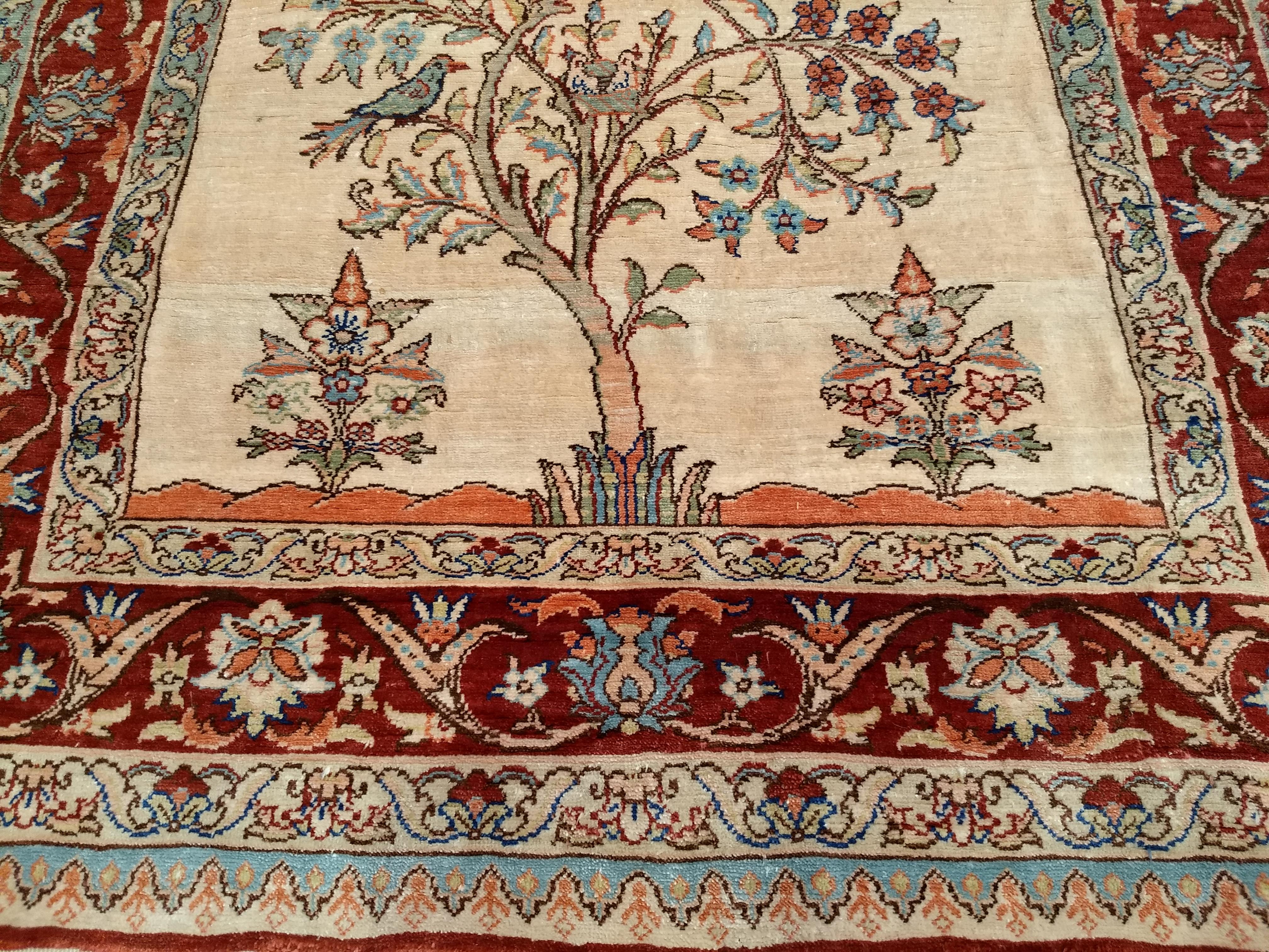 Hand-Woven Turkish Silk Kayseri Area Rug in Tree of Life Pattern in Ivory, Burgundy, Blue For Sale