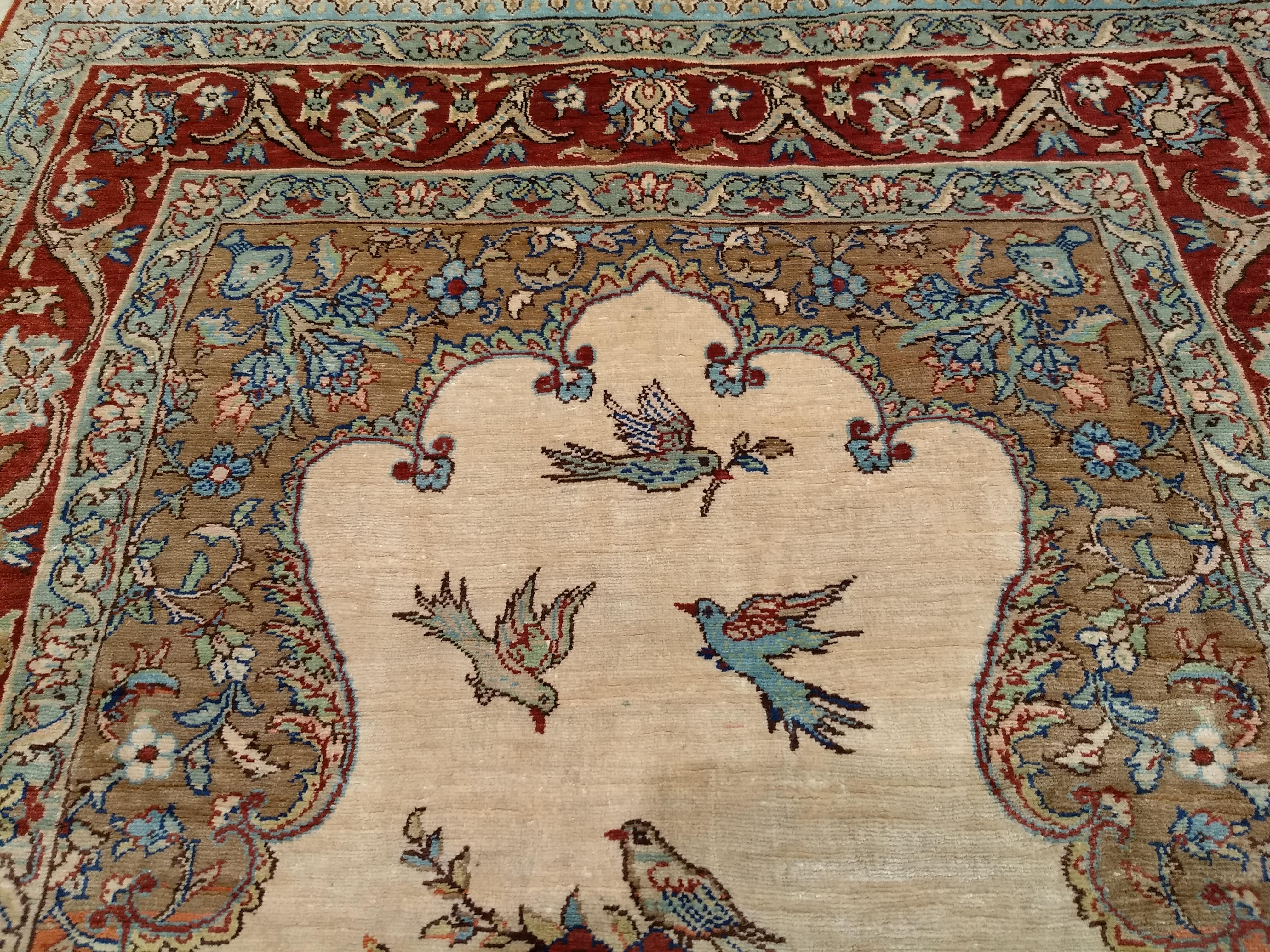 20th Century Turkish Silk Kayseri Area Rug in Tree of Life Pattern in Ivory, Burgundy, Blue For Sale