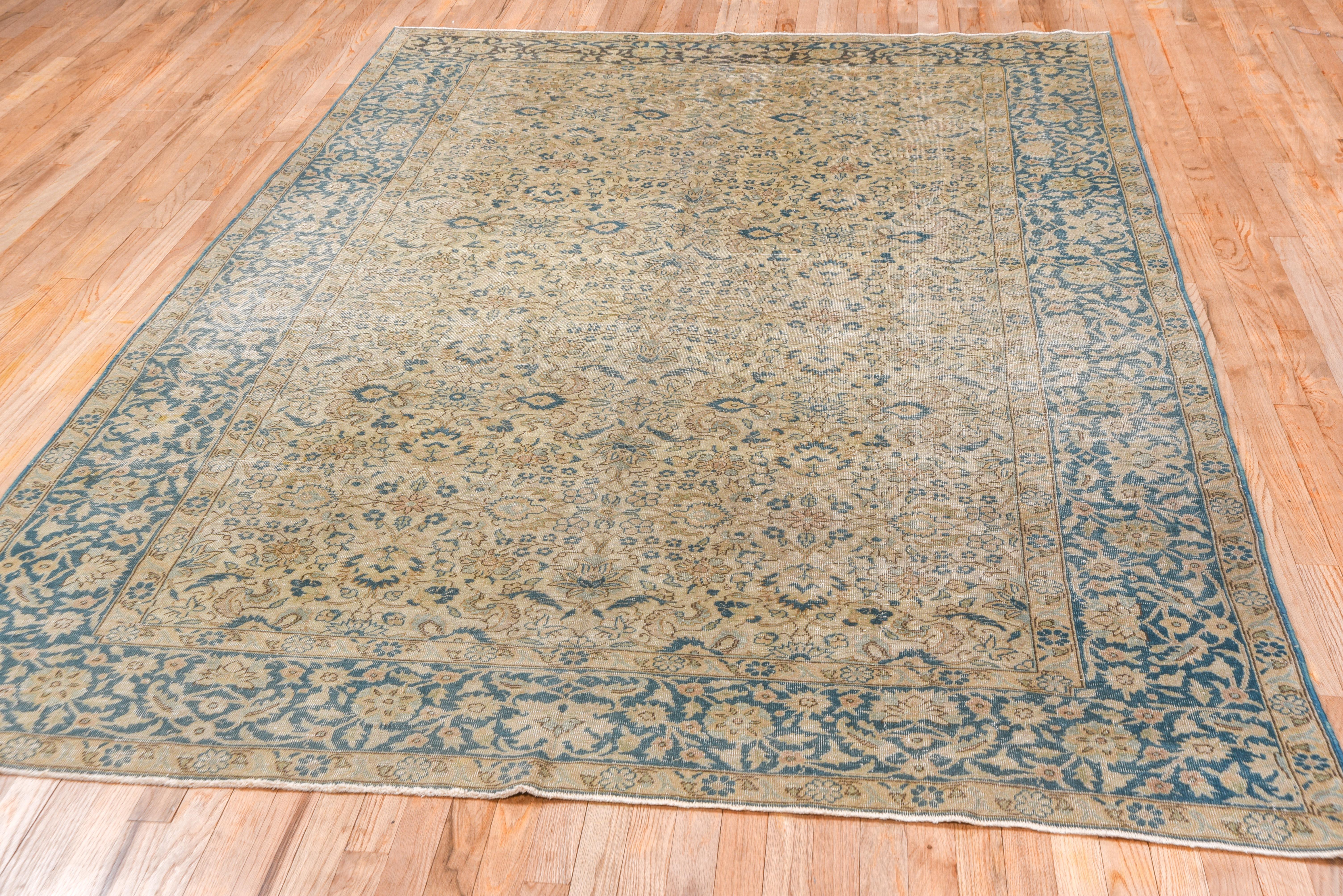 Tribal Turkish Sivas Carpet, Light Brown Field Field & Blue Borders For Sale