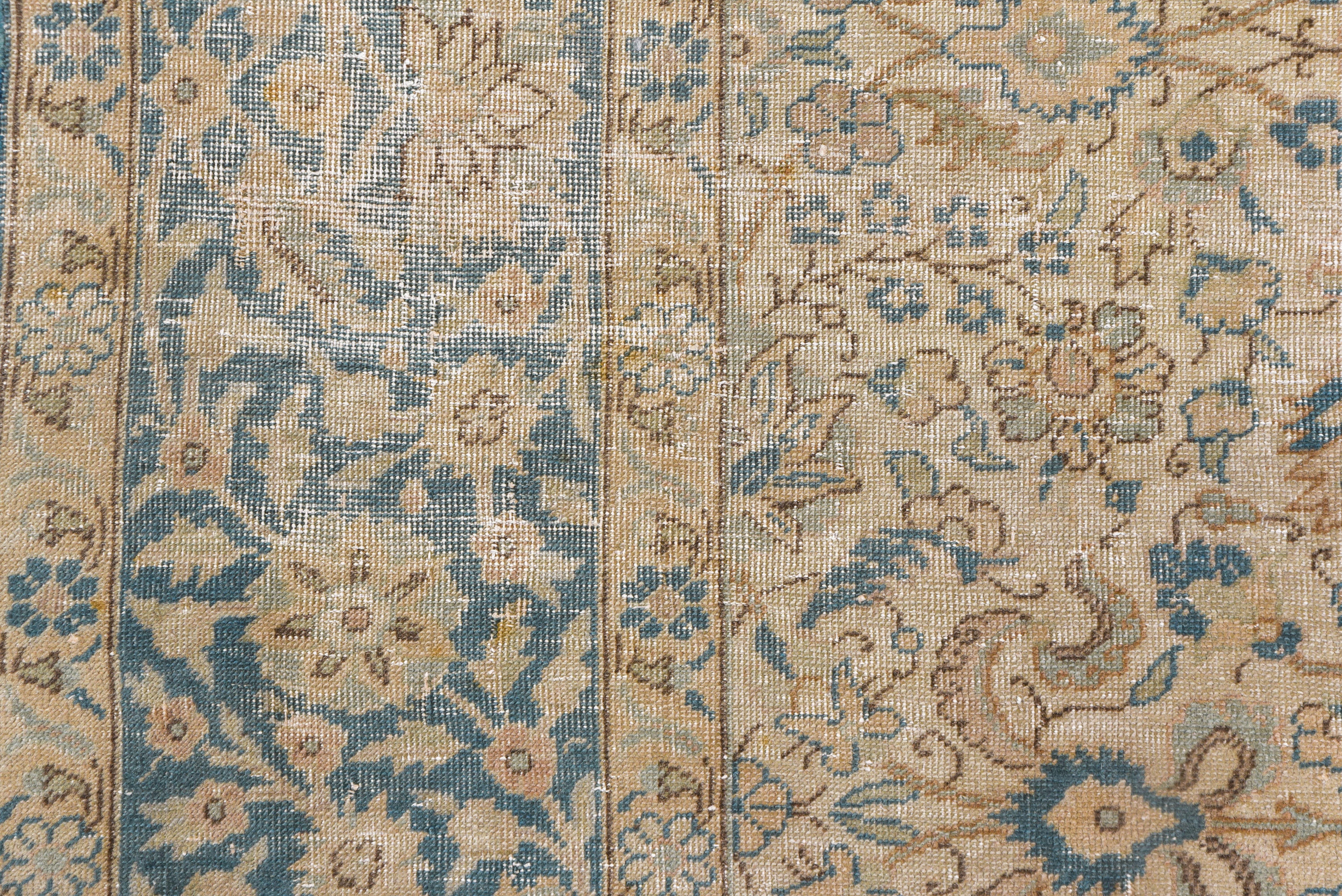 Wool Turkish Sivas Carpet, Light Brown Field Field & Blue Borders For Sale