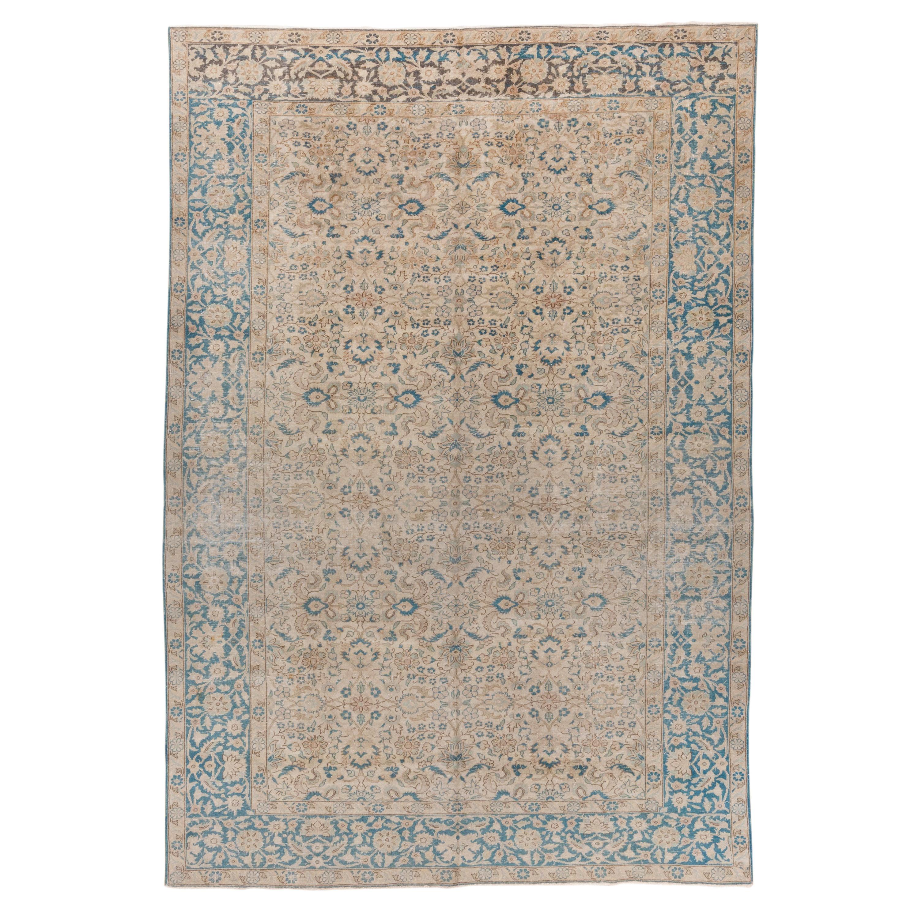 Turkish Sivas Carpet, Light Brown Field Field & Blue Borders For Sale