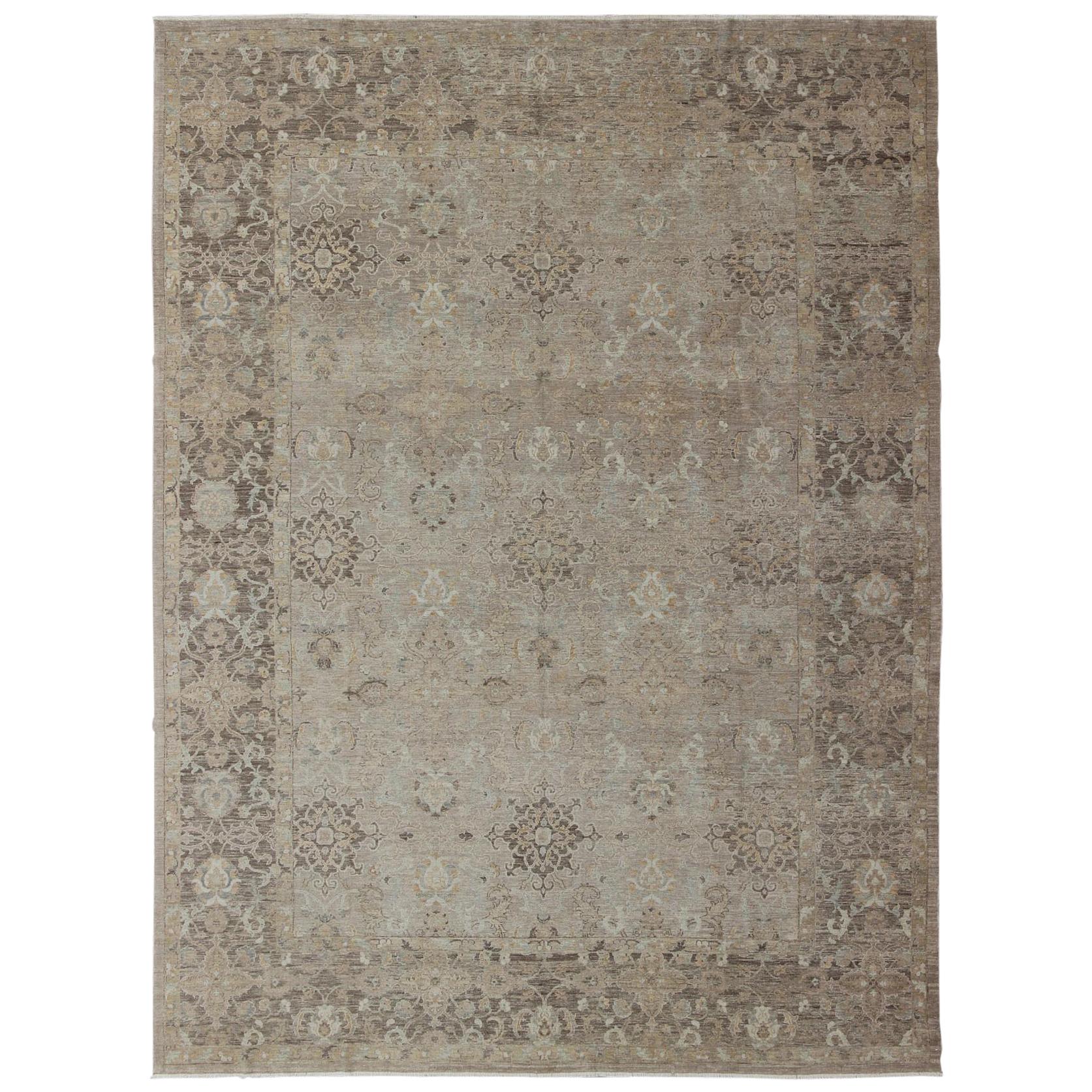 Turkish Sivas Fine Weave Rug in Taupe, Gray, Ivory and Brown and Cream Colors For Sale