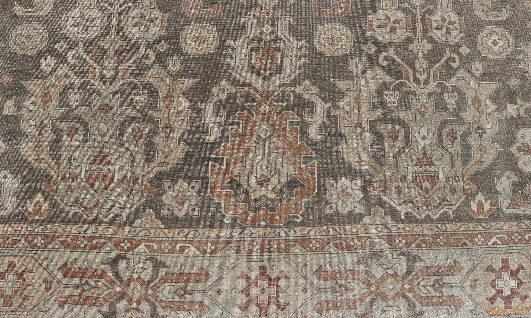 Hand-Knotted Turkish Sivas Rug with Tribal Motifs in Brownish Green, L. Green & Multi Colors For Sale