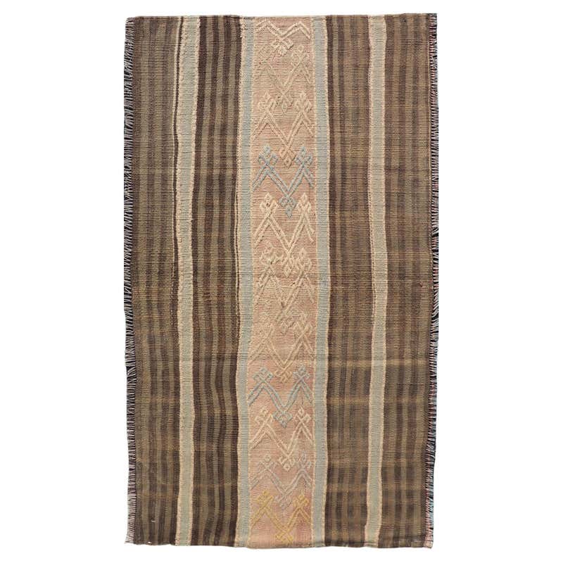 Strip Design Rugs Turkish Vintage Flat-Weave in Brown and Cream with Stripe Design For ...