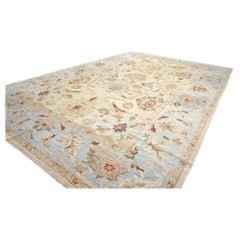 Turkish Sultanabad Wool 10x14 Light Blue, Ivory & Tan Handmade Area Rug