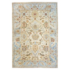 Türkische Sultanabad Wolle 10x14 Hellblau, Elfenbein & Tan Handgefertigt Bereich Teppich