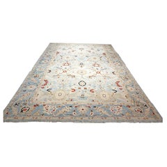 Turkish Sultanabad Wool 14 x 20 Light Blue & Teal with Rust Oversized Rug