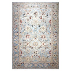 Turkish Sultanabad Wool 14 x 20 Light Blue & Teal with Rust Oversized Rug