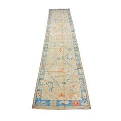 Turkish Sultanabad Wool 3x13 Tan, Blue & Red Handmade Runner Rug