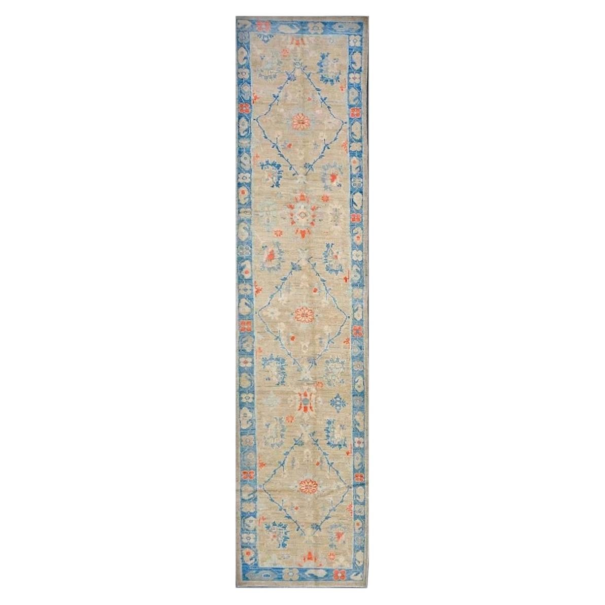Turkish Sultanabad Wool 3x13 Tan, Blue & Red Handmade Runner Rug