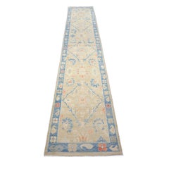 Turkish Sultanabad Wool 3x14 Tan & Blue Handmade Runner Rug