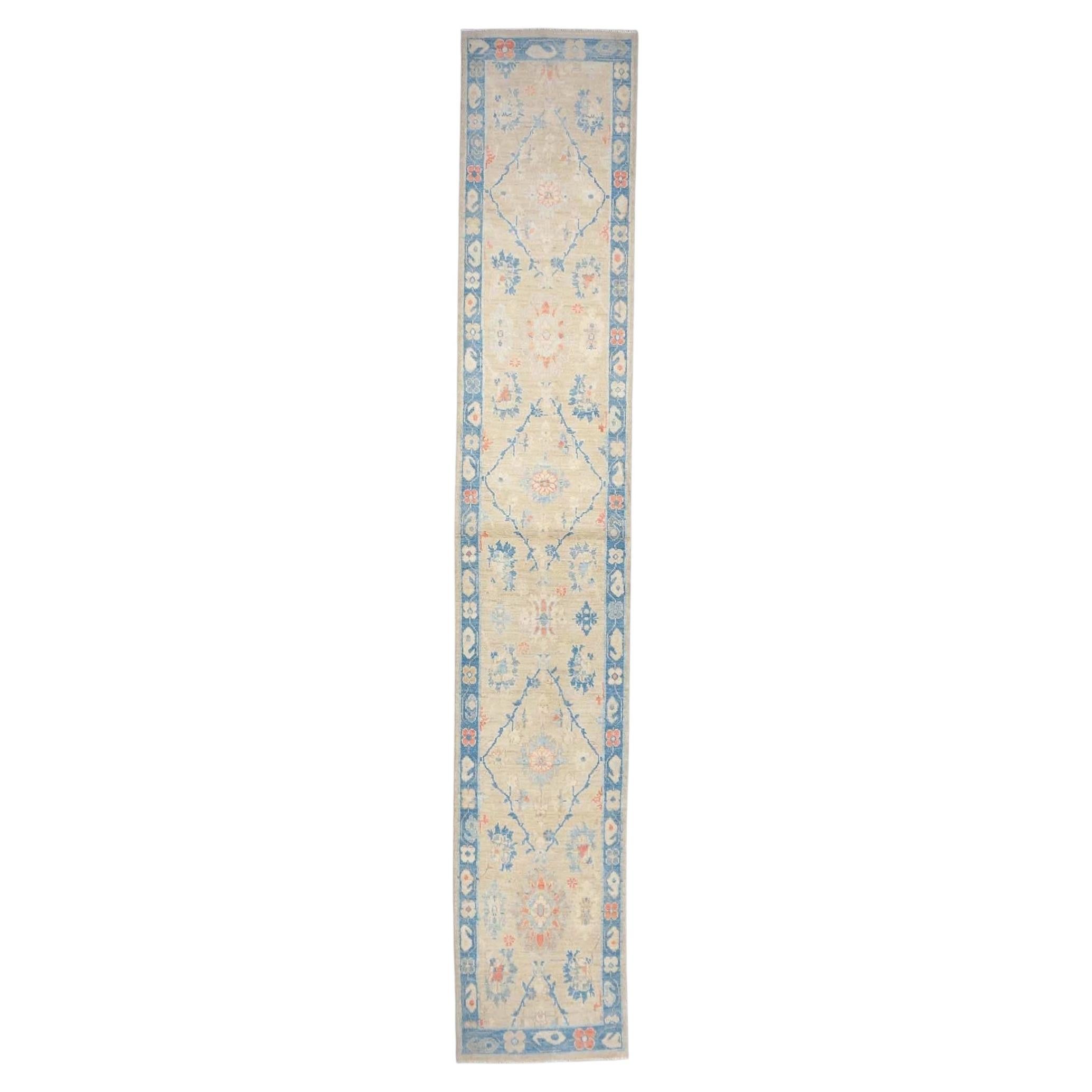 Turkish Sultanabad Wool 3x14 Tan & Blue Handmade Runner Rug