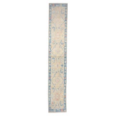 Turkish Sultanabad Wool 3x14 Tan & Blue Handmade Runner Rug