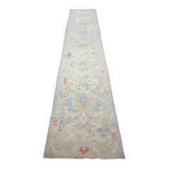 Turkish Sultanabad Wool 3x14 Tan & Light Blue Handmade Runner Rug