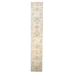 Turkish Sultanabad Wool 3x14 Tan & Light Blue Handmade Runner Rug