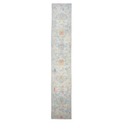 Turkish Sultanabad Wool 3x14 Tan & Light Blue Handmade Runner Rug