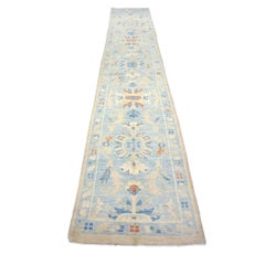 Turkish Sultanabad Wool 3x15 Tan & Light Blue Handmade Runner Rug
