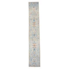 Turkish Sultanabad Wool 3x15 Tan & Light Blue Handmade Runner Rug