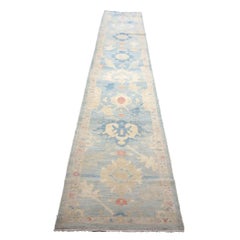 Turkish Sultanabad Wool 3x26 Tan & Light Blue Handmade Runner Rug