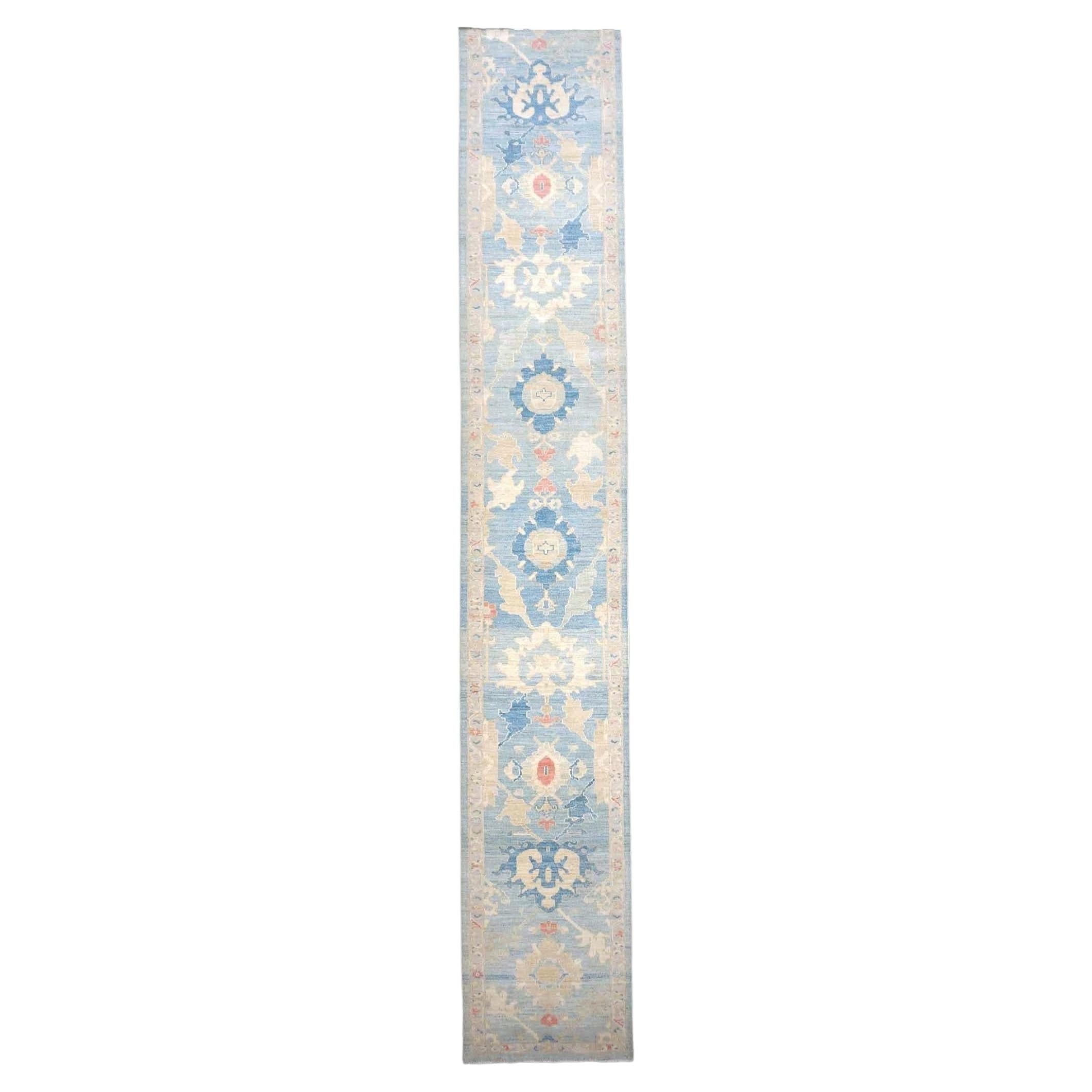 Turkish Sultanabad Wool 3x26 Tan & Light Blue Handmade Runner Rug For Sale