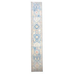 Turkish Sultanabad Wool 3x26 Tan & Light Blue Handmade Runner Rug