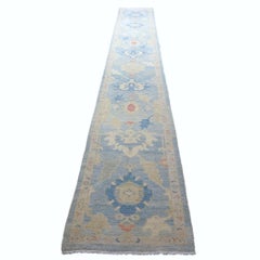 Turkish Sultanabad Wool 3x27 Tan & Light Blue Handmade Runner Rug