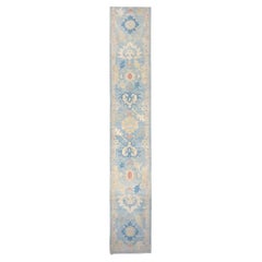Turkish Sultanabad Wool 3x27 Tan & Light Blue Handmade Runner Rug